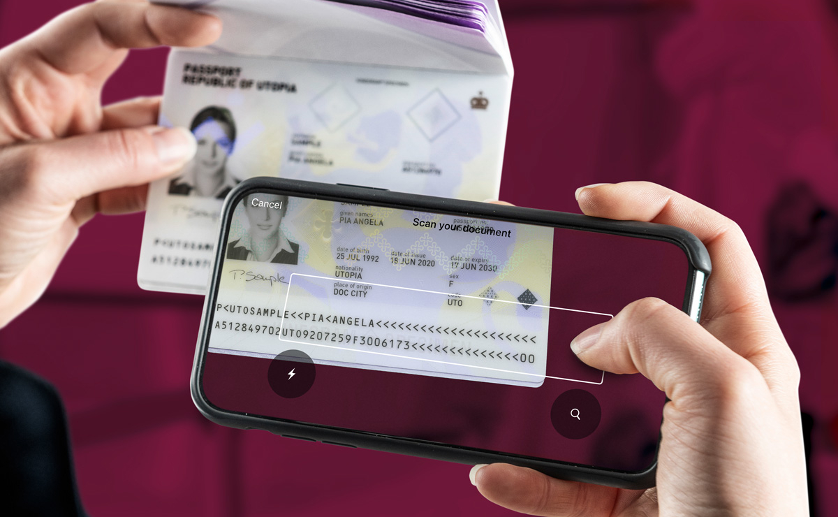 MOBILE SCAN SDK for MRZ capture Capturing the machine readable zone of a passport with MOBILE SCAN SDK of kinegram.digital, the moment of data capture is visible in the image