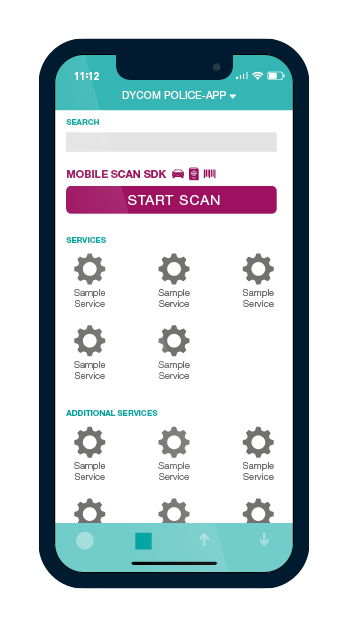 Handybildschirm, die Home-Ansicht der DYCOM App mit dem MOBILE SCAN SDK zeigend