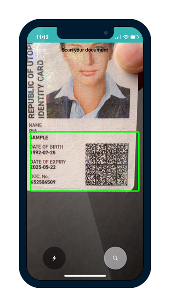 MOBILE SCAN SDK automatically identifies and scans the Data Matrix code on an ID card Mobile phone screen showing the MOBILE SCAN SDK automatically identifying scannable objects, in this case, a Data Matrix Code on an identity card