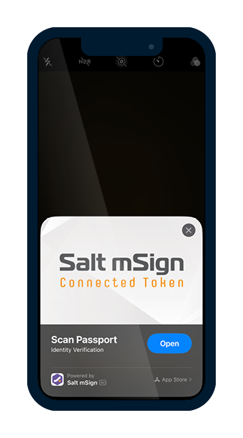 Mobile phone screen showing the login screen to Salt Group's identity verification platform, saying "Salt mSign - Connected Token", and "Scan Passport".
