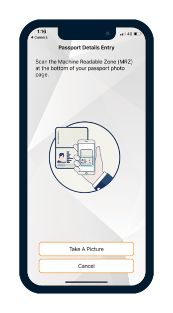 Mobile phone screen showing how to scan the machine readable zone with the smartphone, as part of the process of digital ID verification.