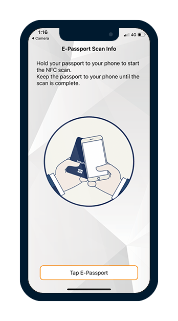 Mobile phone screen showing the illustration of how to hold an electronic passport next to a smartphone for remote digital identity verification.