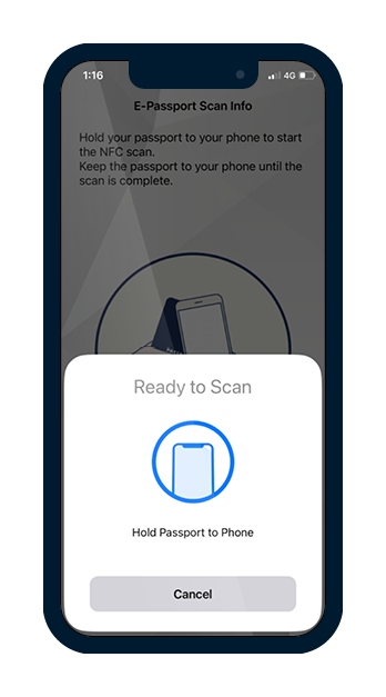 Mobile phone screen showing an icon with a phone, to indicate that the system is ready to scan an identity document for ID verification.