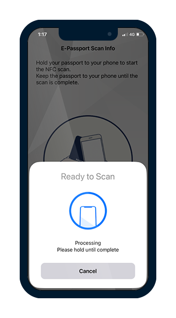 Mobile phone screen showing an icon with a phone, to indicate that the system is processing data from an identity document for ID verification.