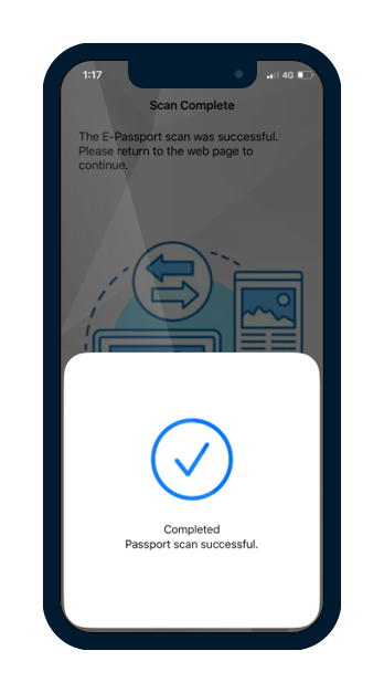 Mobile phone screen showing a checkmark and the words "Completed. Passport scan successful."