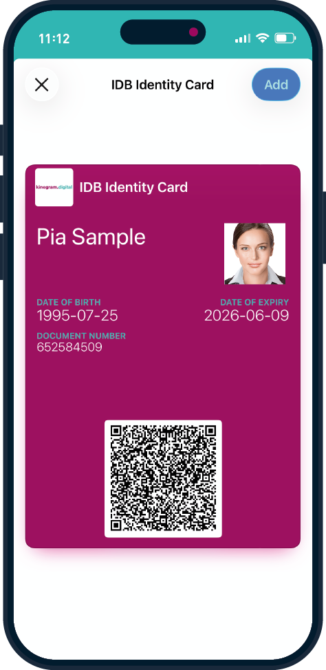 Image of a phone screen displaying a digital identity credential including an ICAO data structure for barcodes (IDB) code
