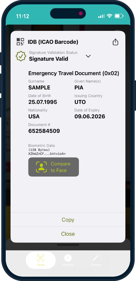 Image of the results after the IDB was scanned, displaying the credential holder’s personal data