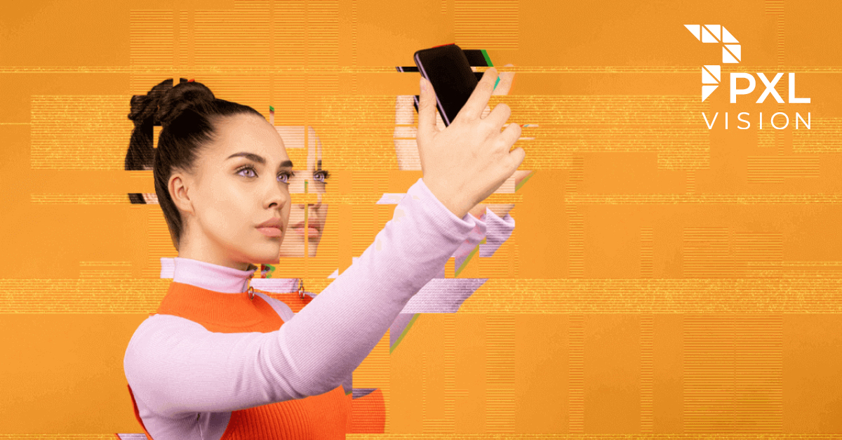 Illustration of Digital Identity Verification: a woman in an orange dress is holding a smartphone up and looking at the phone screen to be identified. The image background is orange as well.