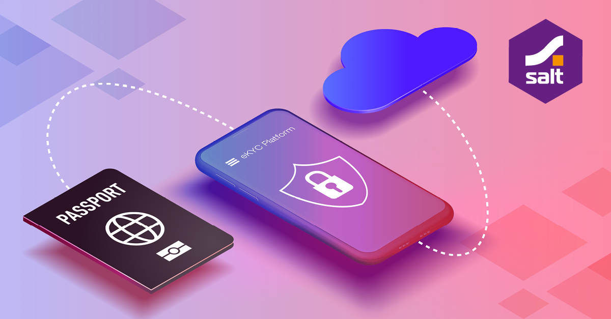 Illustration of eKYC identity verification, depicting a passport, a mobile phone and a cloud symbol, all interconnected with dotted lines