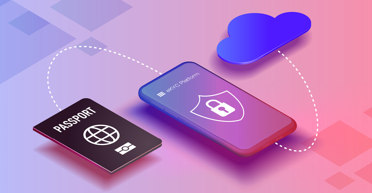Illustration of eKYC identity verification, showing an electronic passport, connected to a mobile phone in the center by a dotted line, the phone is connected to a cloud symbol on the right by another dotted line