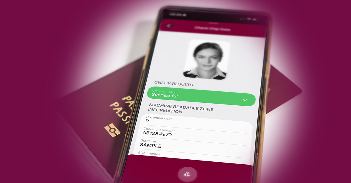 Secure digital identity verification via NFC chip reading on a smartphone, confirming the authenticity of passport chip data.