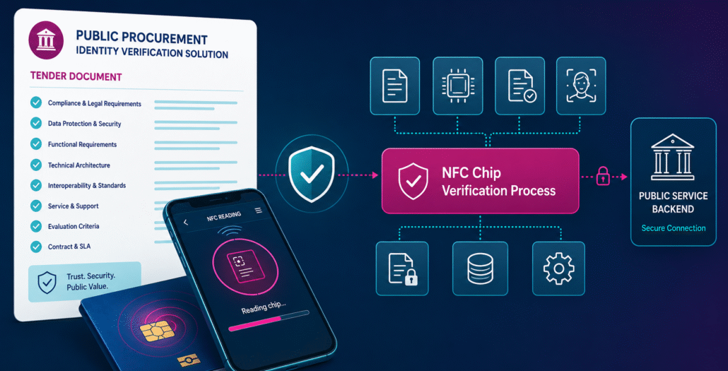 Illustration of public procurement for identity verification, a tender checklist is visible on the left side, a smartphone performing nfc chip verification of a passport is visible at the bottom, nfc chip verification advantages are illustrated with icons on the right