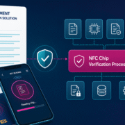 Illustration of public procurement for identity verification, a tender checklist is visible on the left side, a smartphone performing nfc chip verification of a passport is visible at the bottom, nfc chip verification advantages are illustrated with icons on the right