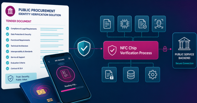 Illustration of public procurement for identity verification, a tender checklist is visible on the left side, a smartphone performing nfc chip verification of a passport is visible at the bottom, nfc chip verification advantages are illustrated with icons on the right