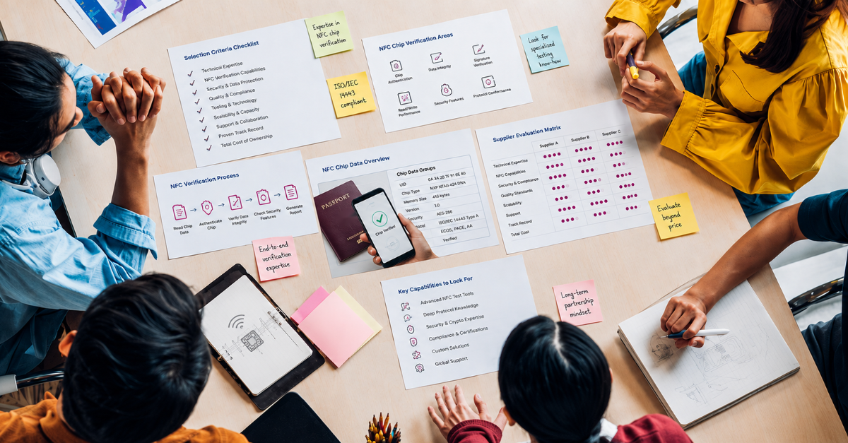 In bird's eye view, a group of people at a table are looking at paperwork related to choosing an ID chip verification provider.