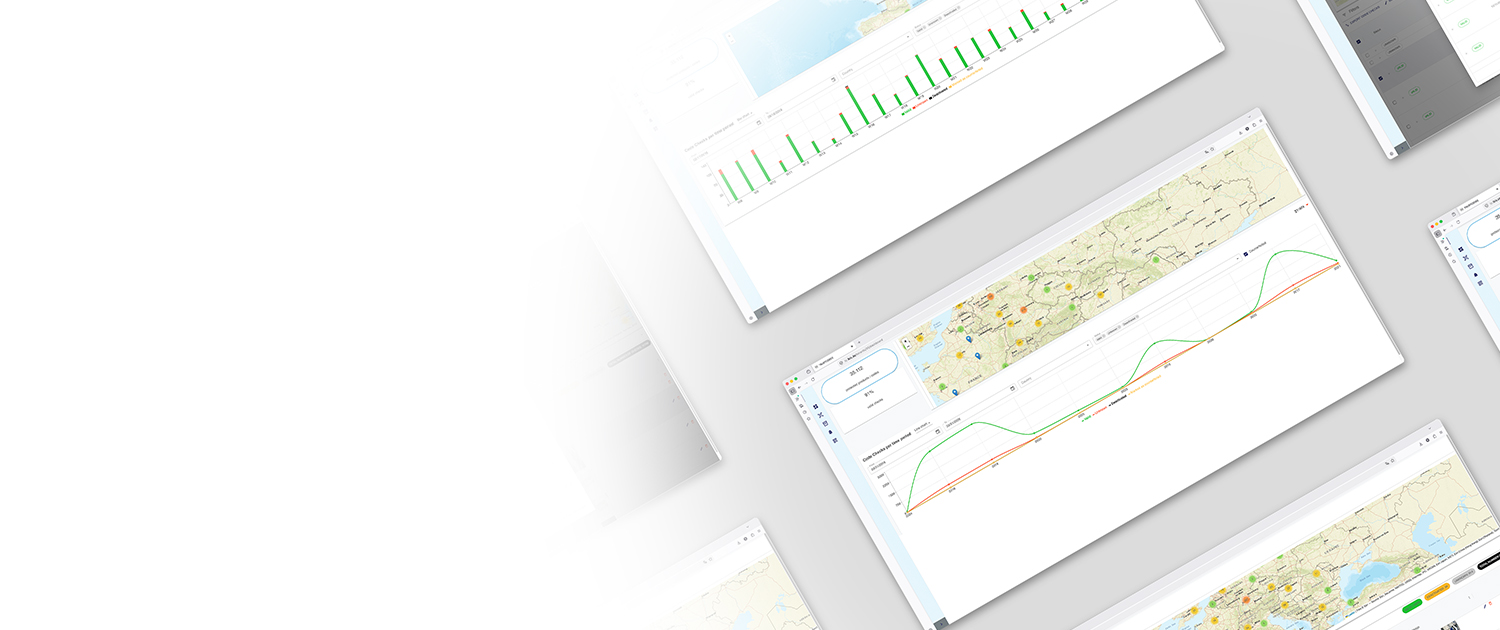 Illustration of the TRUSTCODE base database, showing various screens that depict graphs, a map, and statistical data.