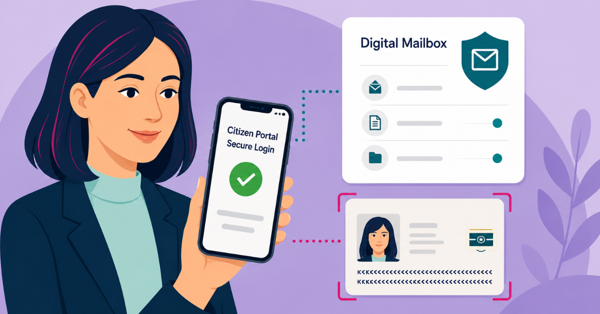Illustration of logging on to a secure Citizen Service area on an e-government online portal, following successful digital identity verification with an eMRTD and kinegram.digital's MOBILE CHIP SDK solution.