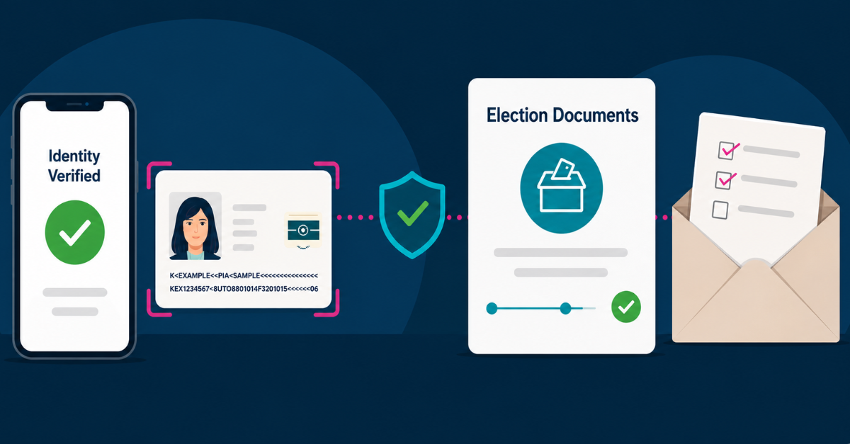 Illustration of requesting election docs on an e-government service portal, following successful digital identity verification with an eMRTD and kinegram.digital's MOBILE CHIP SDK solution.