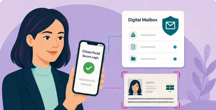 Illustration of logging on to a secure Citizen Service area on an e-government online portal, following successful digital identity verifiation with an eMRTD and kinegram.digital's MOBILE CHIP SDK solution.