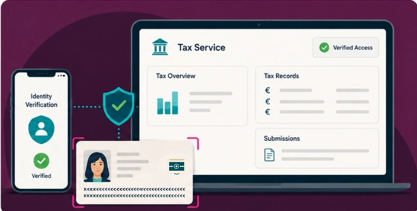 Illustration of digital filing of tax documents on an e-government service portal, following successful digital identity verifiation with an eMRTD and kinegram.digital's MOBILE CHIP SDK solution.