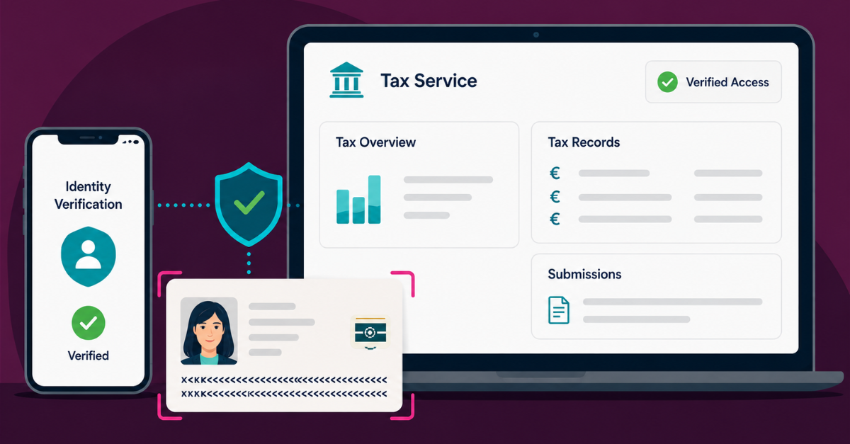 Illustration of digital filing of tax documents on an e-government service portal, following successful digital identity verification with an eMRTD and kinegram.digital's MOBILE CHIP SDK solution.