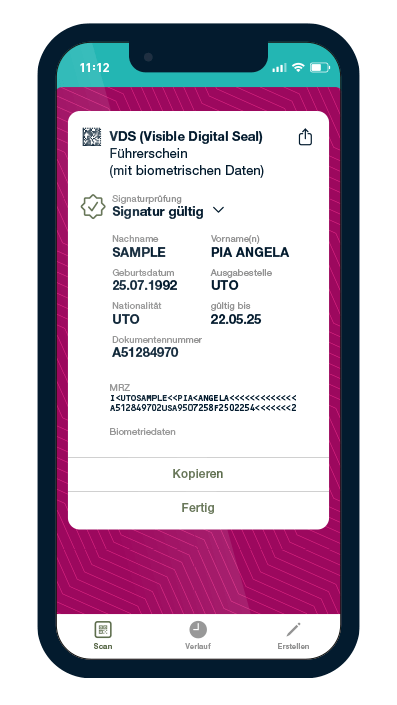 Visible Digital Seal mit Biometrischen Daten (VDS Bio)