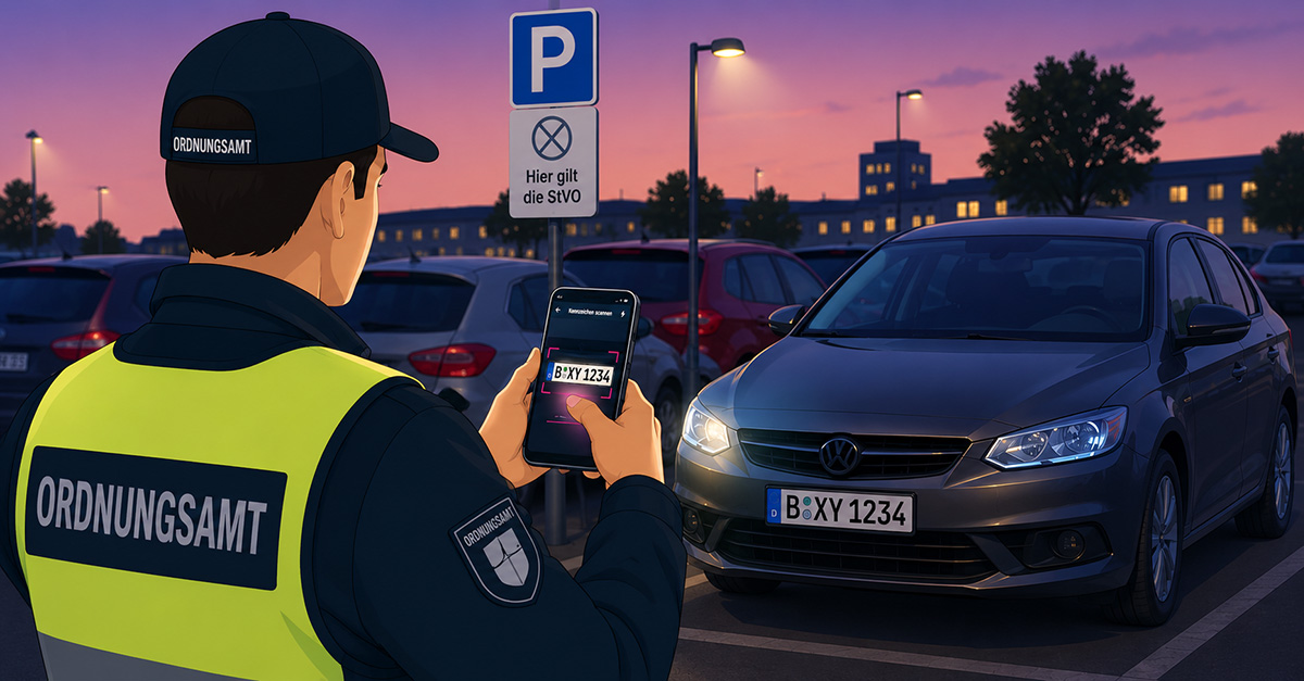 Das Bild zeigt einen Ordnungsamt-Mitarbeiter, der das Kennzeichen eines falsch parkenden Fahrzeugs mit seinem Handy scannt.