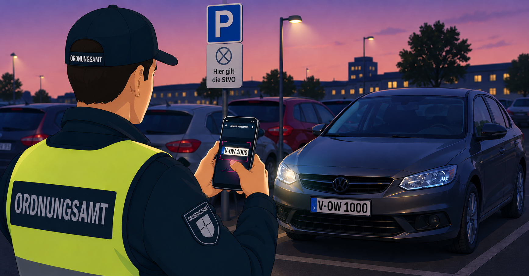 Das Bild zeigt einen Ordnungsamt-Mitarbeiter, der das Kennzeichen eines falsch parkenden Fahrzeugs mit seinem Handy scannt.