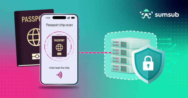 Illustration of high assurance NFC chip verification showing an electronic passport and a mobile phone, to illustrate how Sumsub chose kinegram digital for chip verification