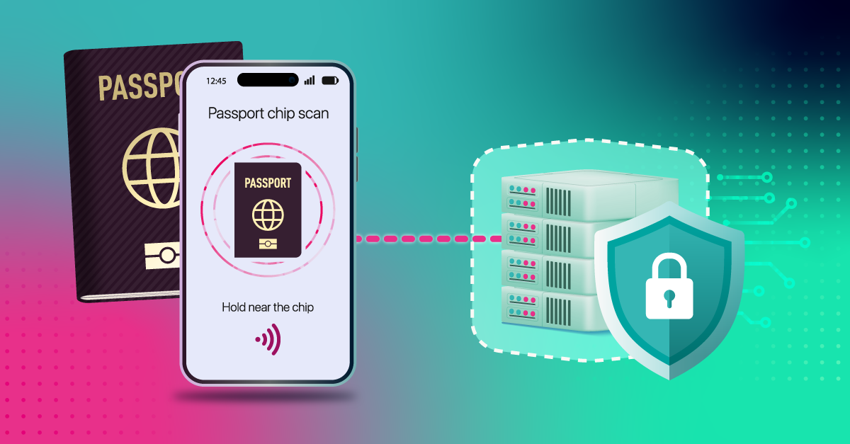 Illustration of high assurance NFC chip verification showing a smartphone and a passport, to illustrate the success story of how Sumsub chose kinegram digital for chip verification