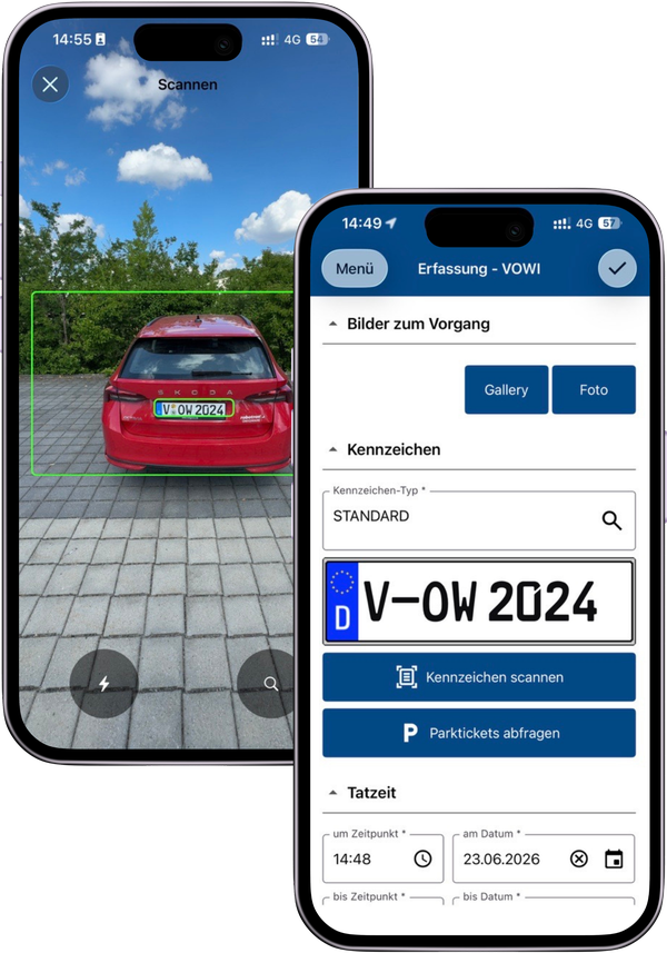 Darstellung der Kennzeichenerfassung durch das MOBILE SCAN SDK in der VOIS | OWI.Mobil App. Es sind zwei Handy-Bildschirmansichten zu sehen, erstens: Live-Kameraaufnahme des Scans eines Fahrzeugkennzeichens, zweitens: Anzeige des erfassten Kennzeichens sowie der Erfassungszeit in der VOIS | OWI.Mobil App.
